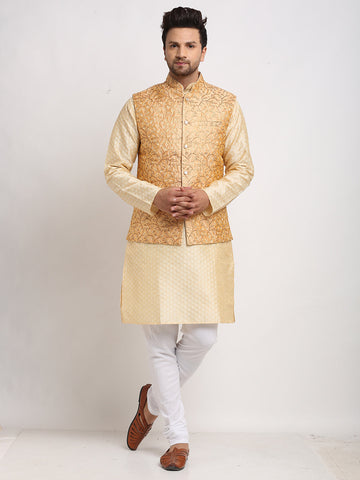 Luxury at Less Ethnic Brocade Beige Kurta Pajama With Rose Gold Nehru Jacket For Men