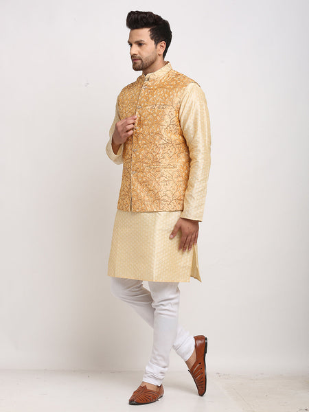 Luxury at Less Ethnic Brocade Beige Kurta Pajama With Rose Gold Nehru Jacket For Men