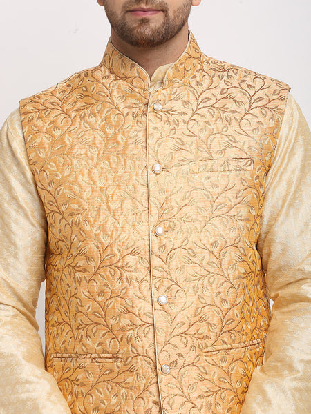 Luxury at Less Ethnic Brocade Beige Kurta Pajama With Rose Gold Nehru Jacket For Men