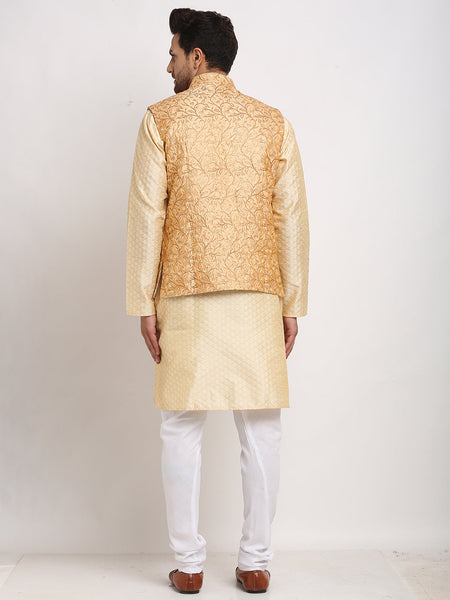 Luxury at Less Ethnic Brocade Beige Kurta Pajama With Rose Gold Nehru Jacket For Men