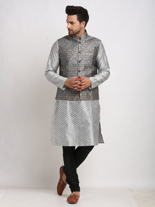 Luxury at Less Ethnic Brocade Grey Kurta Pajama With BlackGrey Nehru Jacket For Men