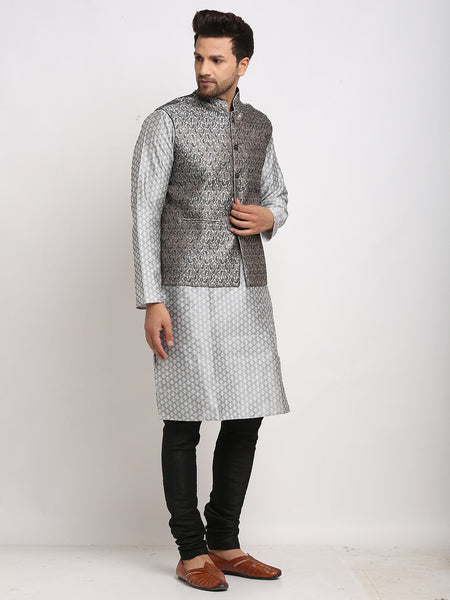 Luxury at Less Ethnic Brocade Grey Kurta Pajama With BlackGrey Nehru Jacket For Men