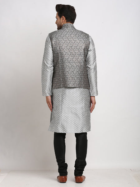 Luxury at Less Ethnic Brocade Grey Kurta Pajama With BlackGrey Nehru Jacket For Men