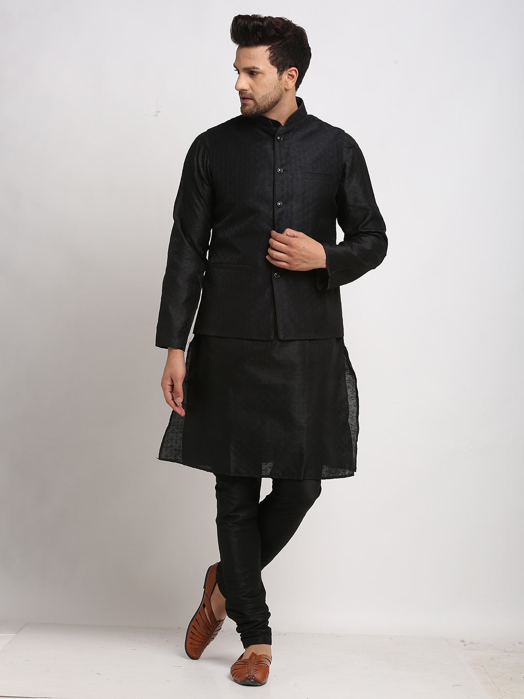 Luxury at Less Ethnic Brocade Black Kurta Pajama With Black Nehru Jacket For Men