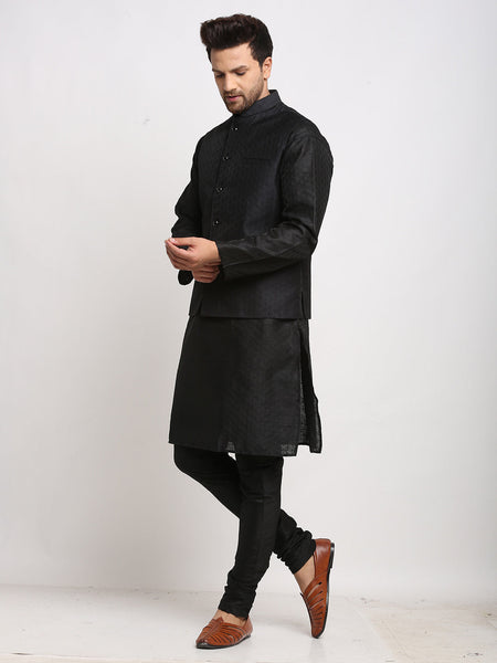 Luxury at Less Ethnic Brocade Black Kurta Pajama With Black Nehru Jacket For Men