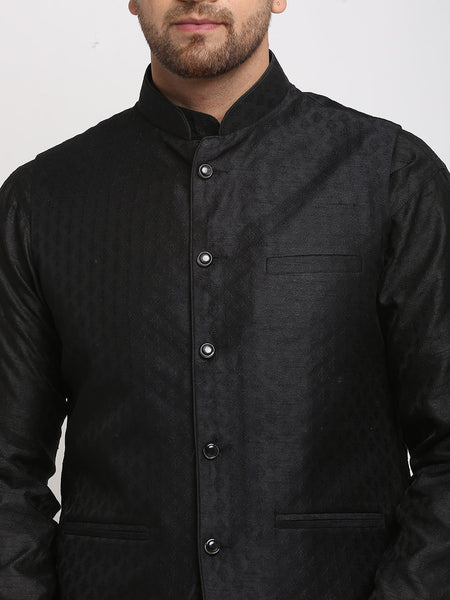 Luxury at Less Ethnic Brocade Black Kurta Pajama With Black Nehru Jacket For Men