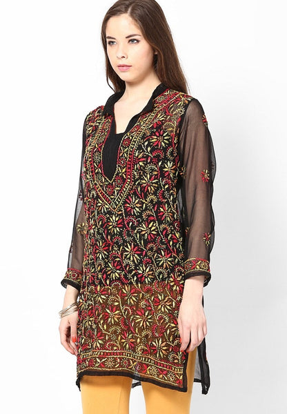 Women Lucknow Chikan Georgette Black Kurti