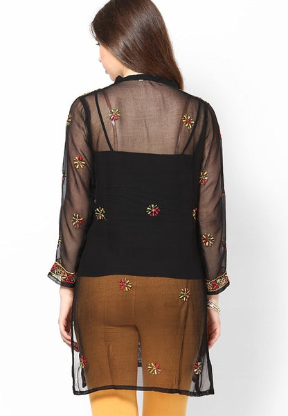 Women Lucknow Chikan Georgette Black Kurti