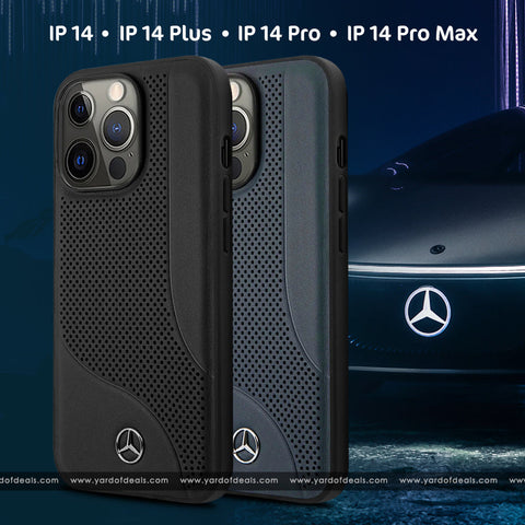 Mercedes-Benz Leather With Perforated Area & Embossed Lines Case for iPhone 14 Series - Black & Navy Blue