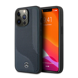 Mercedes-Benz Leather With Perforated Area & Embossed Lines Case for iPhone 14 Series - Black & Navy Blue