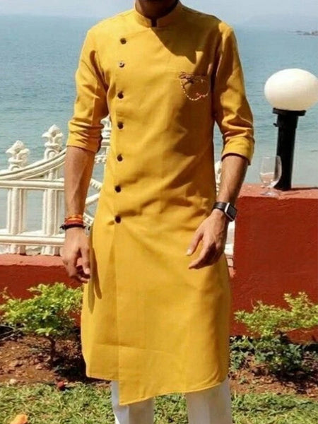 Designer Mustard Yellow Kurta With Churidar Pajama Set For Men By Luxury at Less