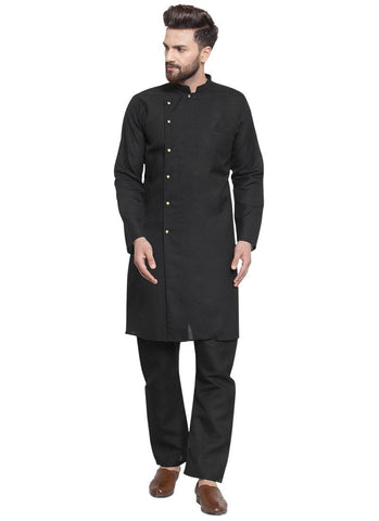 Black Kurta With Aligarh Pajama Set in Linen for men by Luxury at Less