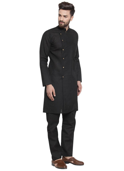 Black Kurta With Aligarh Pajama Set in Linen for men by Luxury at Less