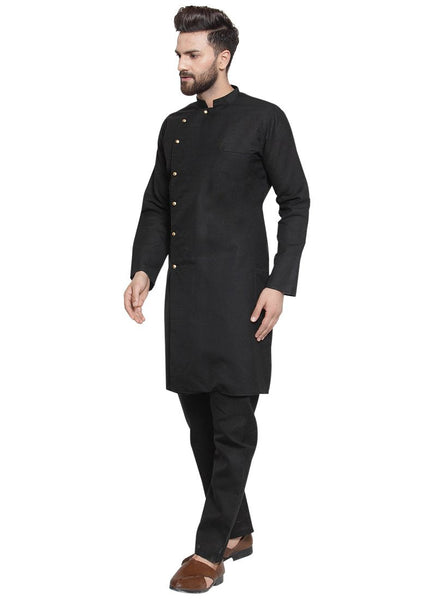 Black Kurta With Aligarh Pajama Set in Linen for men by Luxury at Less