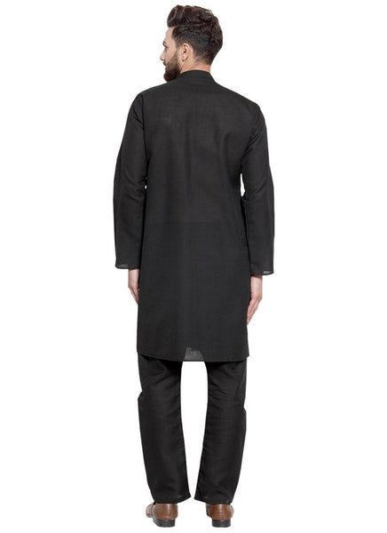 Black Kurta With Aligarh Pajama Set in Linen for men by Luxury at Less