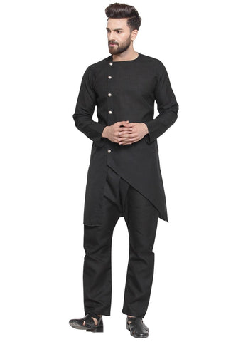 Black Kurta With Aligarh Pajama Set in Linen For Men by Luxury at Less