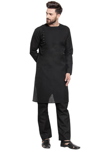 Black Kurta With Aligarh Pajama Set in Linen For Men by Luxury at Less