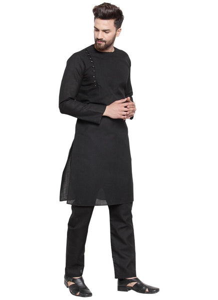 Black Kurta With Aligarh Pajama Set in Linen For Men by Luxury at Less