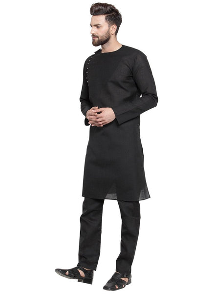 Black Kurta With Aligarh Pajama Set in Linen For Men by Luxury at Less