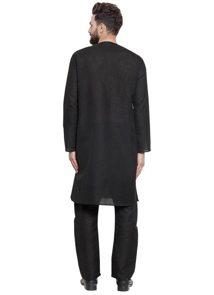 Black Kurta With Aligarh Pajama Set in Linen For Men by Luxury at Less