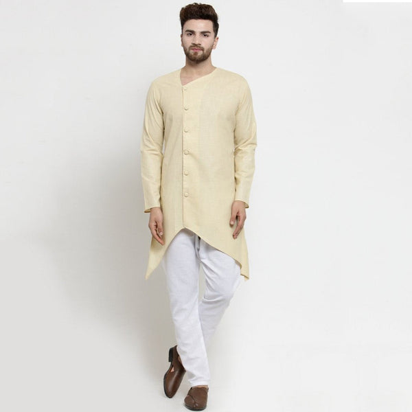 Designer Beige Linen Kurta With Aligarh Pajama For Men By Luxury at Less