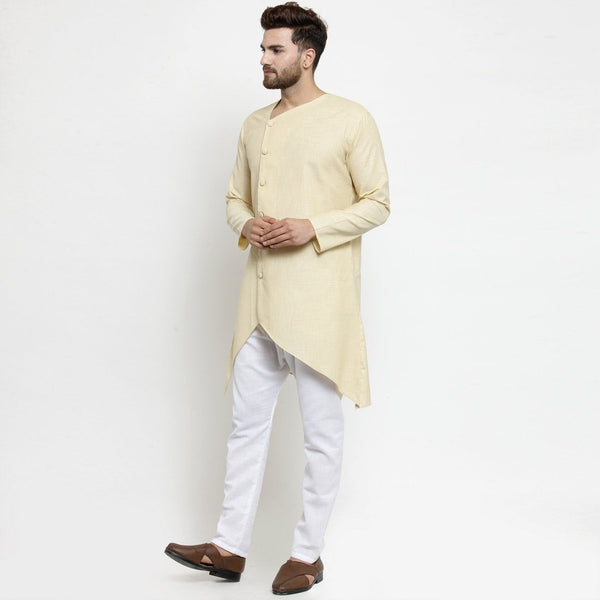 Designer Beige Linen Kurta With Aligarh Pajama For Men By Luxury at Less