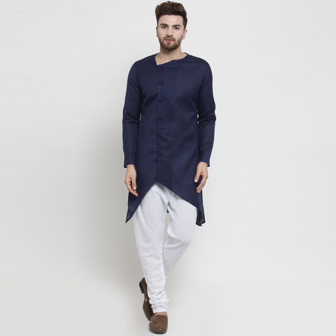 Designer Blue Linen Kurta With Chudidar Pajama For Men By Luxury at Less