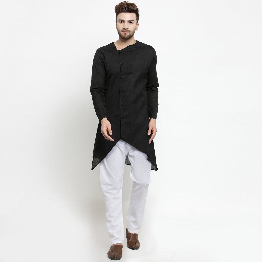 Designer Black Linen Kurta With Aligarh Pajama For Men By Luxury at Less