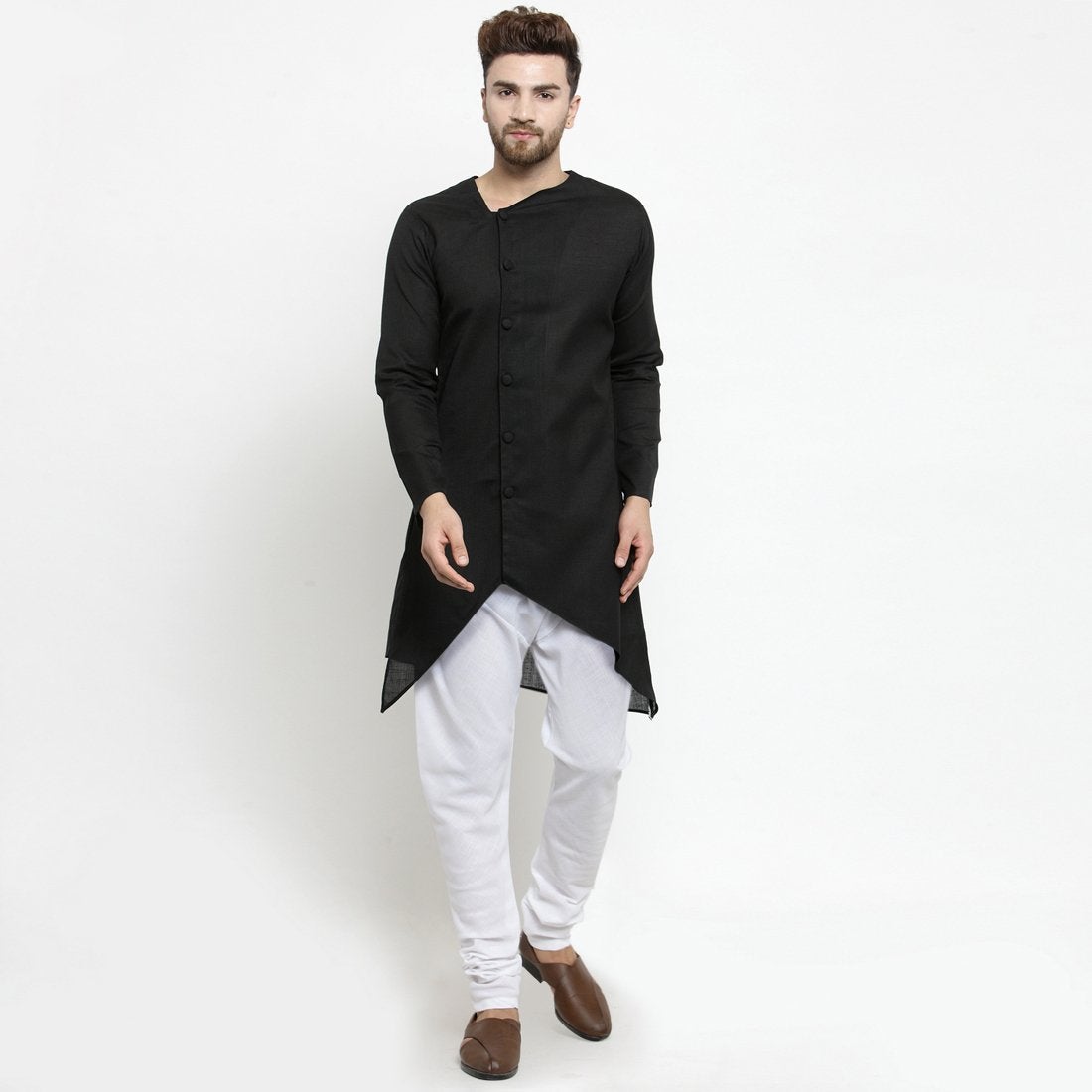 Designer Black Linen Kurta With Chudidar Pajama For Men By Luxury at Less