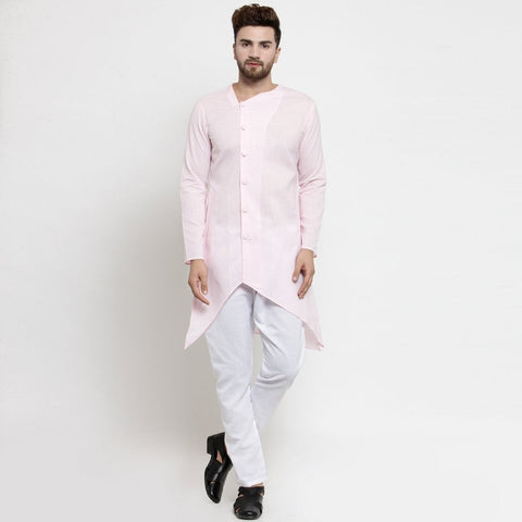 Designer Pink Linen Kurta With Aligarh Pajama For Men By Luxury at Less