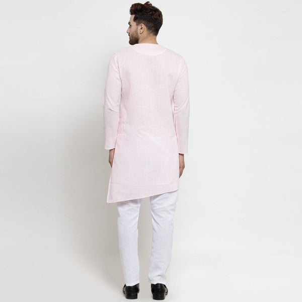 Designer Pink Linen Kurta With Aligarh Pajama For Men By Luxury at Less