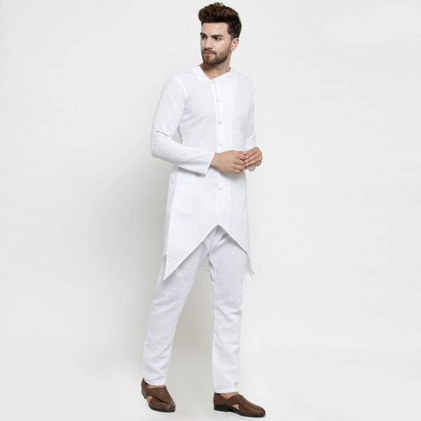 Designer White Linen Kurta With Aligarh Pajama For Men By Luxury at Less