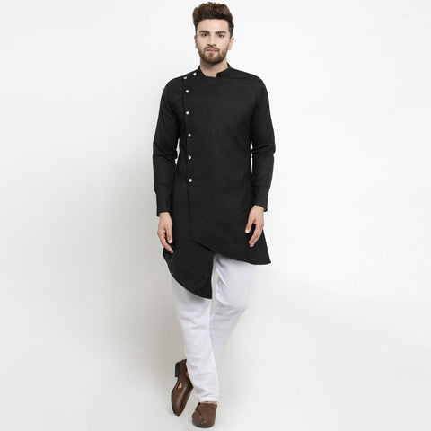 Designer Black Linen Kurta With Aligarh Pajama For Men By Luxury at Less