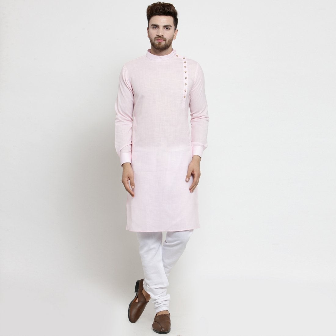 Designer Pink Linen Kurta With Chudidar Pajama For Men By Luxury at Less