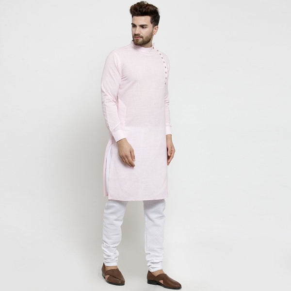 Designer Pink Linen Kurta With Chudidar Pajama For Men By Luxury at Less