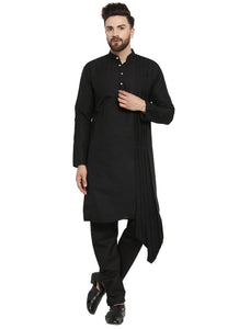 Black Kurta  With Aligarh Pajama Set in Linen For Men by Luxury at Less