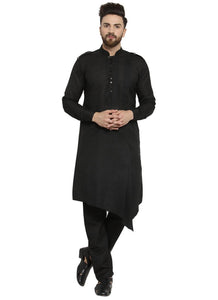 Black Kurta With Aligarh Pajama Set in Linen For Men by Luxury at Less