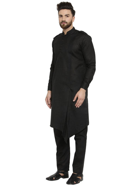 Black Kurta With Aligarh Pajama Set in Linen For Men by Luxury at Less