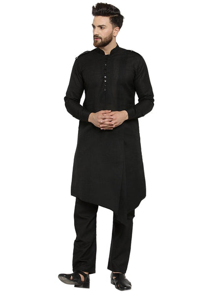 Black Kurta With Aligarh Pajama Set in Linen For Men by Luxury at Less