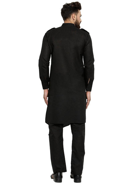 Black Kurta With Aligarh Pajama Set in Linen For Men by Luxury at Less