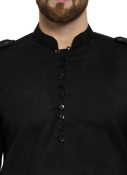 Black Kurta With Aligarh Pajama Set in Linen For Men by Luxury at Less