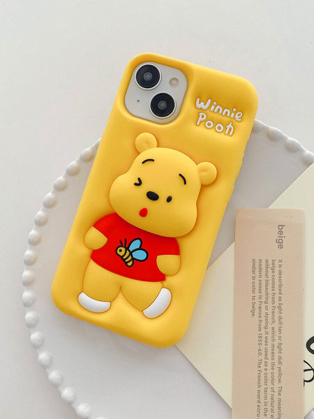 3D Cute Cartoon Winnie-the-Pooh with Holder Soft Silicone Back Case for iPhone 12 ,13 14 and 15 Series