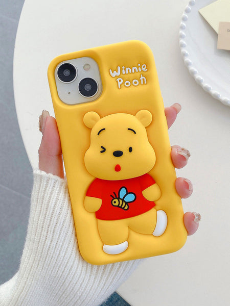 3D Cute Cartoon Winnie-the-Pooh with Holder Soft Silicone Back Case for iPhone 12 ,13 14 and 15 Series