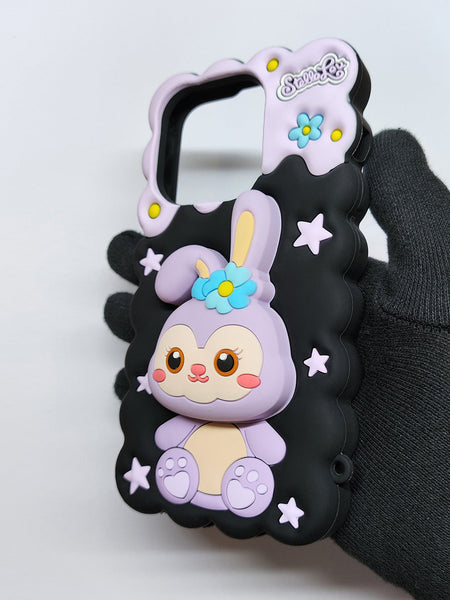 3D Rabbit Holder Cute Cartoon Soft Silicone Back Case for iPhone 12 ,13 14 and 15 Series