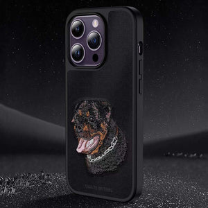 3D Embroidered Black Rottweiler Leather Case for iPhone 14 Series