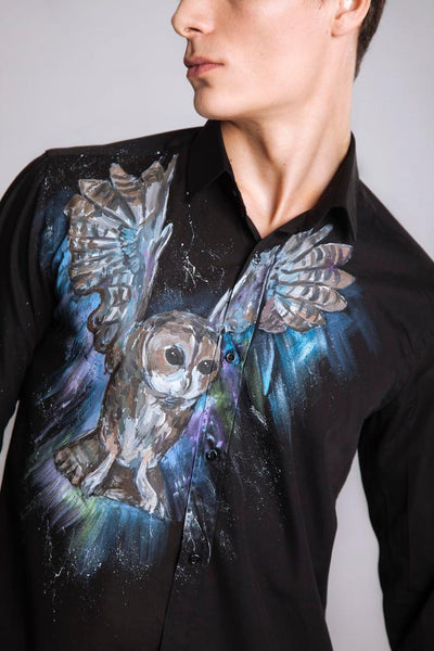 Club/Party Cotton Satin Black Shirt - Owl Print