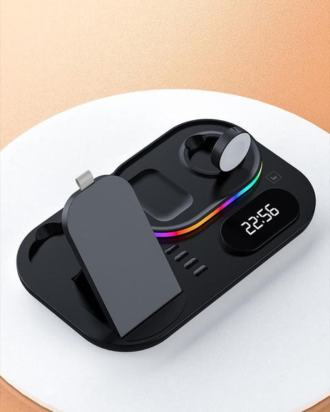 4 in 1 Wireless Foldable Fast Charger with Digital Clock, RGB Light and Charging slots for iPhone, Airpods & Smart Watch