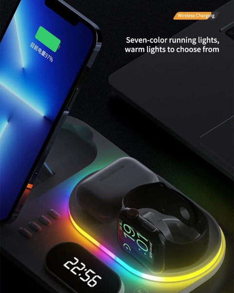 4 in 1 Wireless Foldable Fast Charger with Digital Clock, RGB Light and Charging slots for iPhone, Airpods & Smart Watch