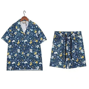 Retro Flower Pony Print Cotton Bowling Shirt And Shorts