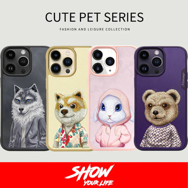 NIMMY 3D Embroidered Cute Pet Series Leather Case for iPhone 13 / 14 Series